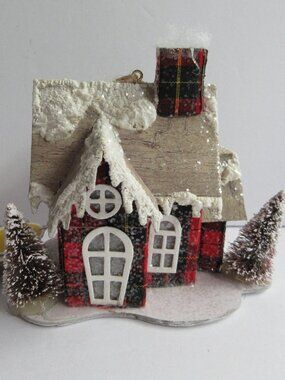 Christmas House Glitter Putz Cardboard Bottle Brush Trees Ornament Lights Up LED